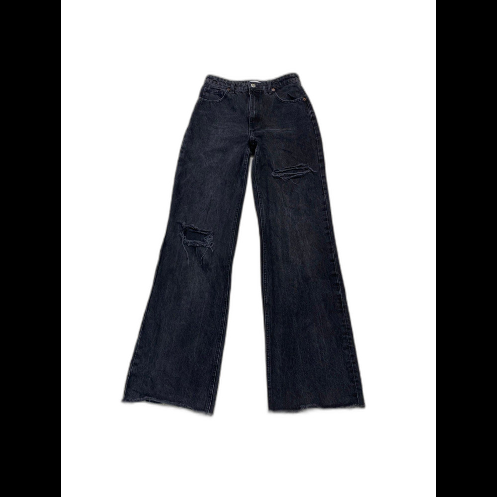 Zara Ultra High Rise Wide Straight Leg Jeans Distressed Raw Hem Washed Black 6